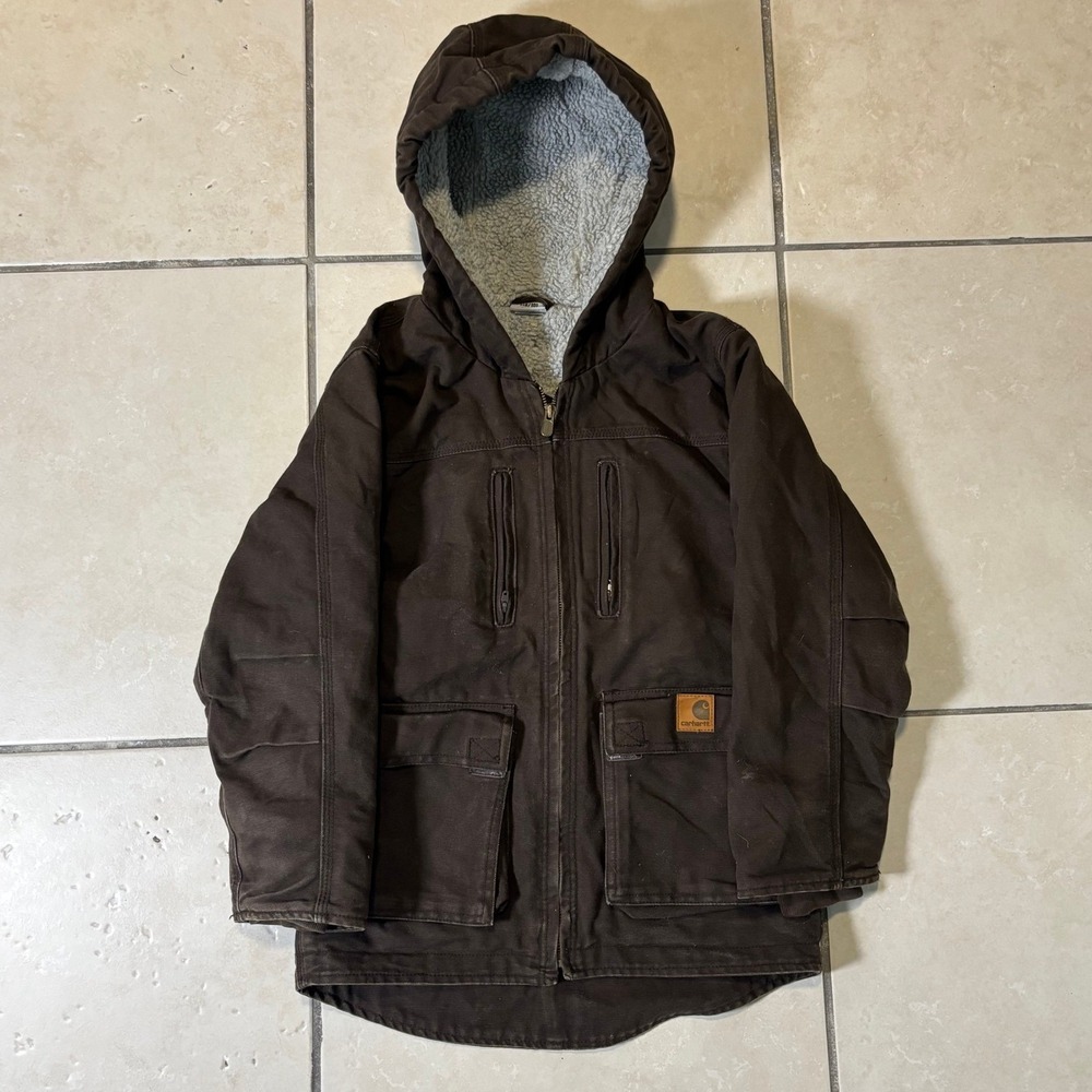 Carhartt Youth Boys Small 8/10 Brown Sherpa Lined Canvas Hooded Jacket Coat